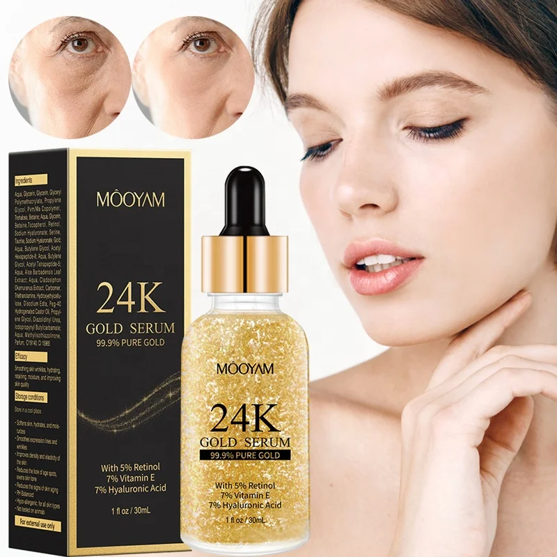 Private Label Custom Face 24K Gold Foil Retinol Essence 30mL Whitening Anti Wrinkle Aging Facial Skin Care Serum