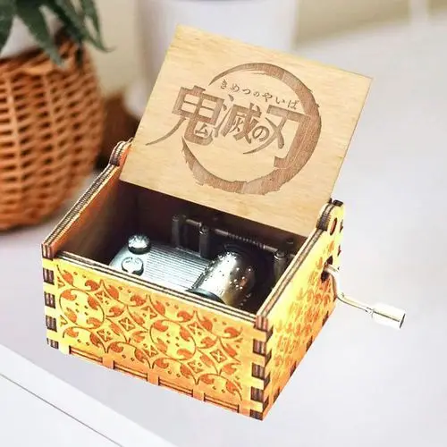 31 designs hot sale Gift Melody Hand Crank Laser Engraved Anime Demon Slayer Hand Crank Wooden Music box