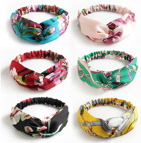wholesale Hot Sale Silk Satin Knot Elastic Hair Band Vintage Cross Hair Accessories Bohemian Headband For Women And Girl