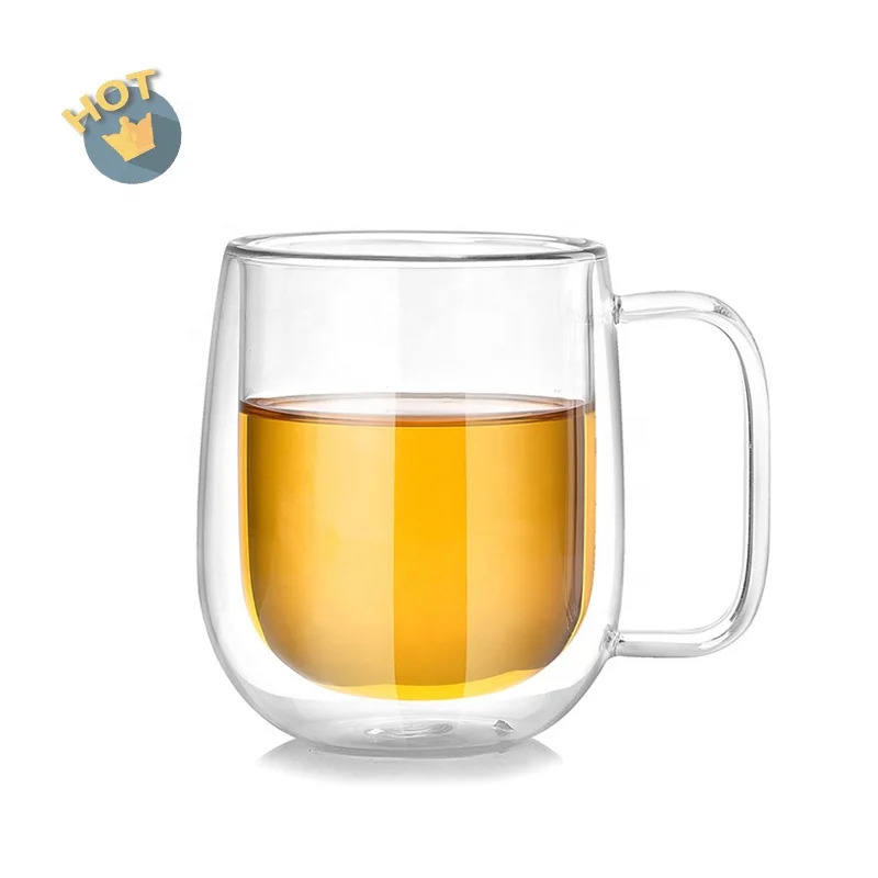 350ml 12oz Glass Drinkware Glass Cup Glass Mug Clear Double Wall Tumbler Face Mug Silicon Coffee Cups  With Big Handle