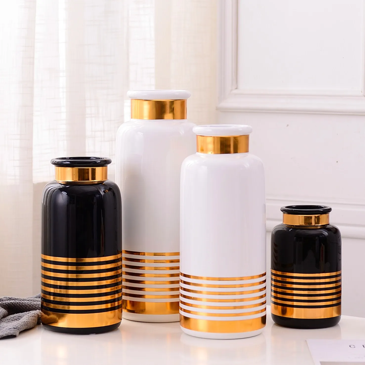  Simple modern white & black with gold line Cylinder Shape ceramic vases for home