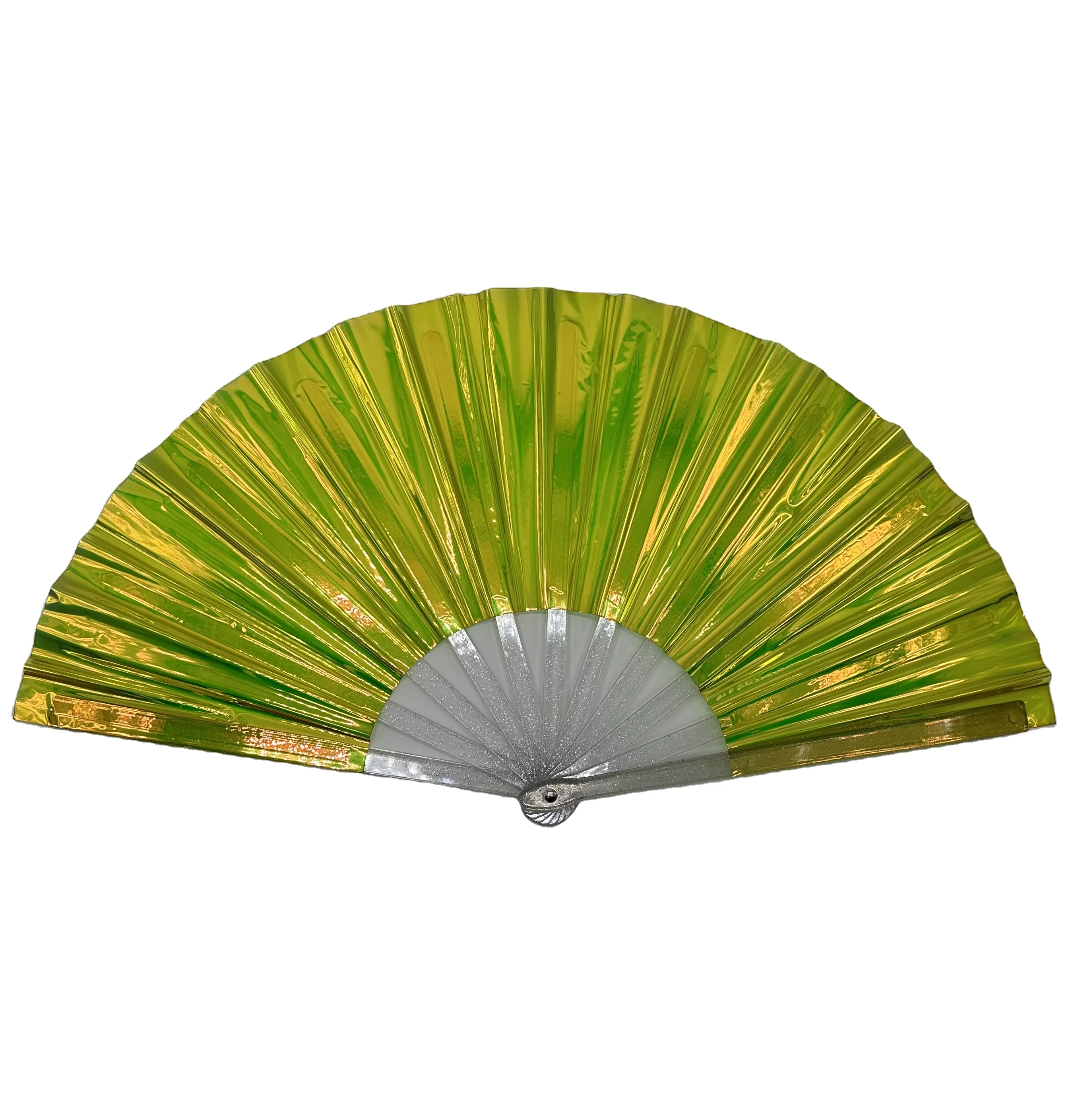 Hot sell high quality  durable Custom printed Cool Iridescent reflective bamboo PVC large hand fan