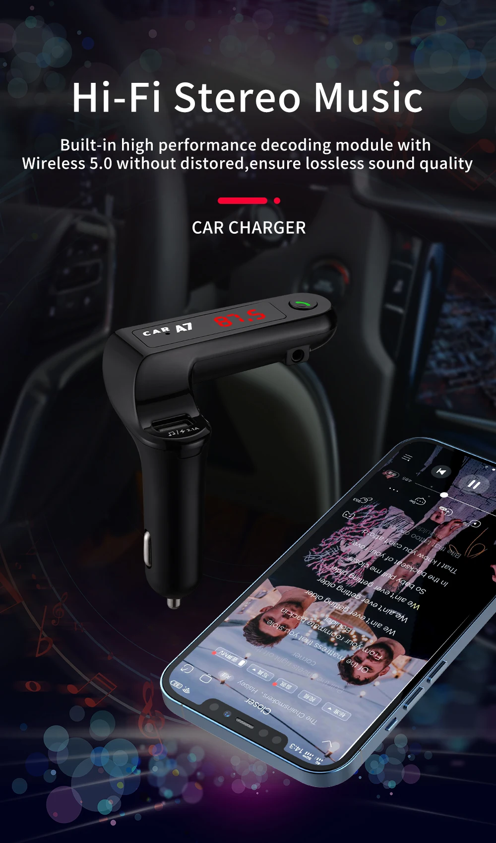 3 ways To Play UsB Drive+TF Card+Wireless 5.0 CAR CHARGER