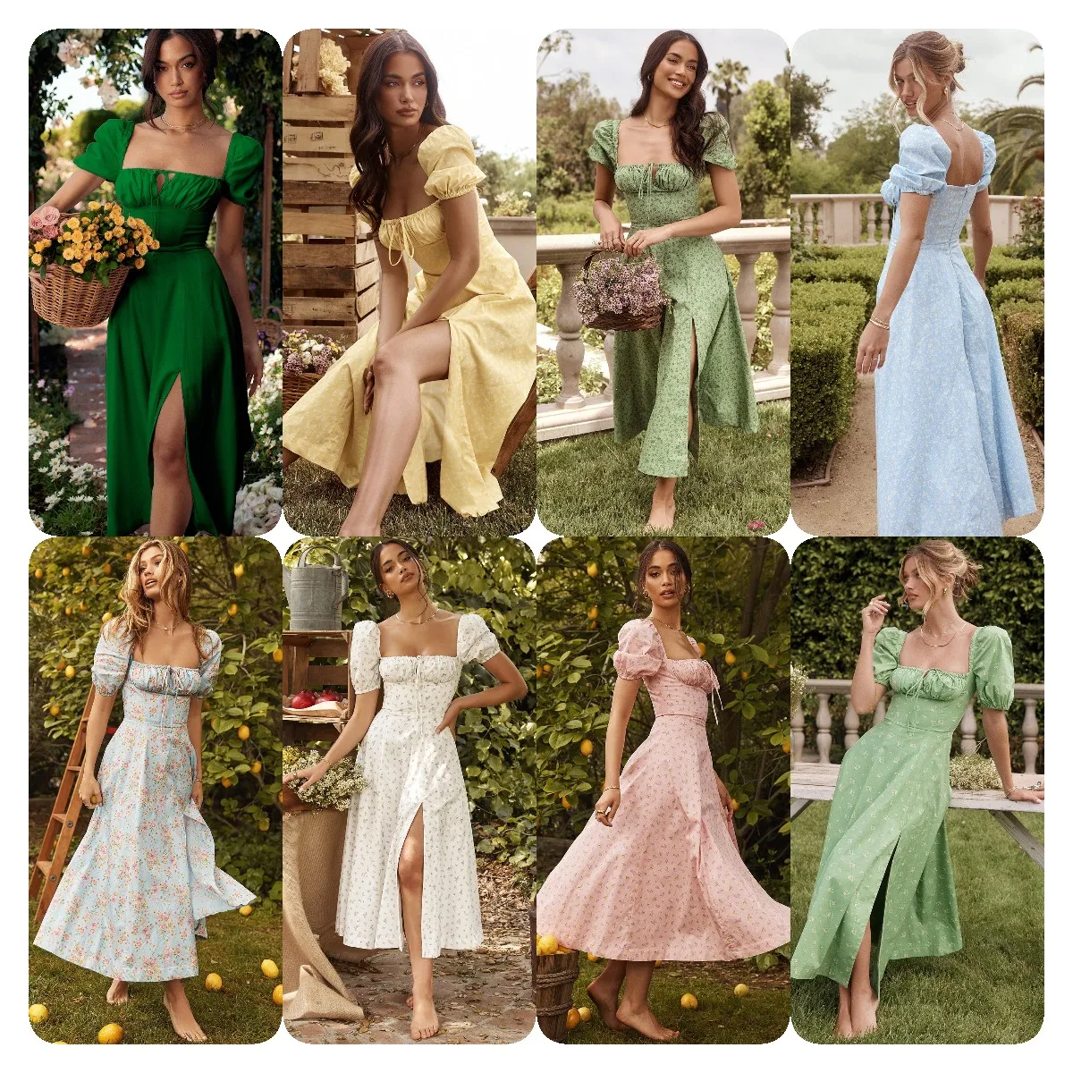 2023 Amazon new summer fashion bubble sleeve floral lace-up slit long dress European and American dress female summer
