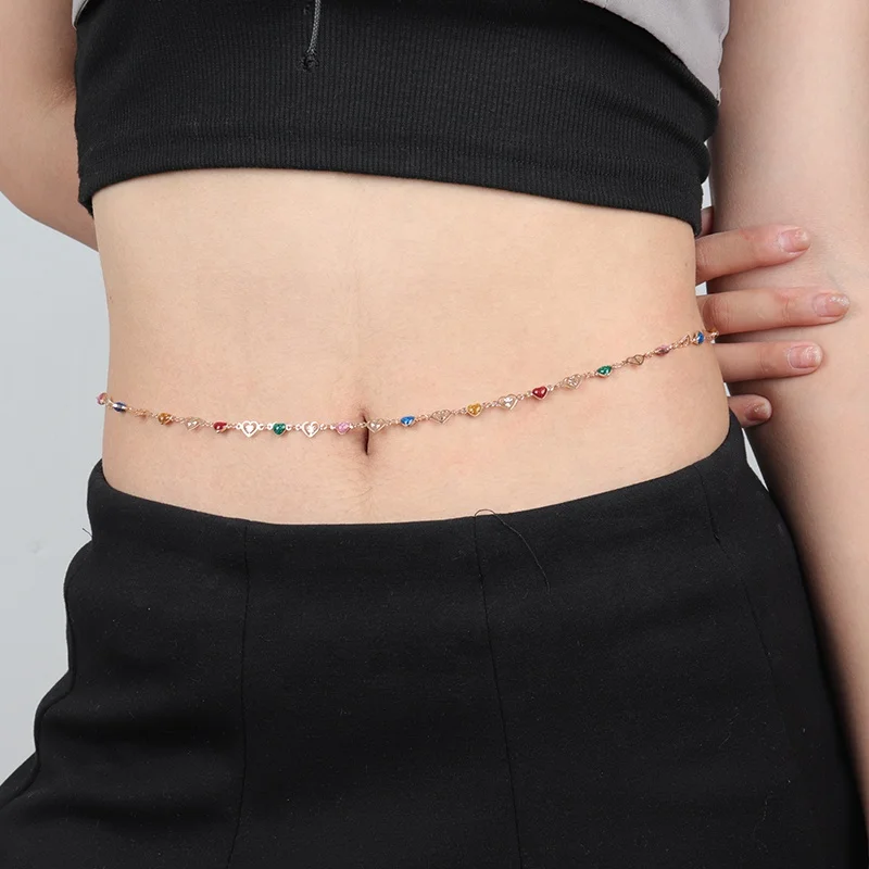 Модная бижутерия для живота, креативная цепочка смешанных цветов с прострочкой в форме персикового сердца, простая ажурная Геометрическая Однослойная цепочка на талию