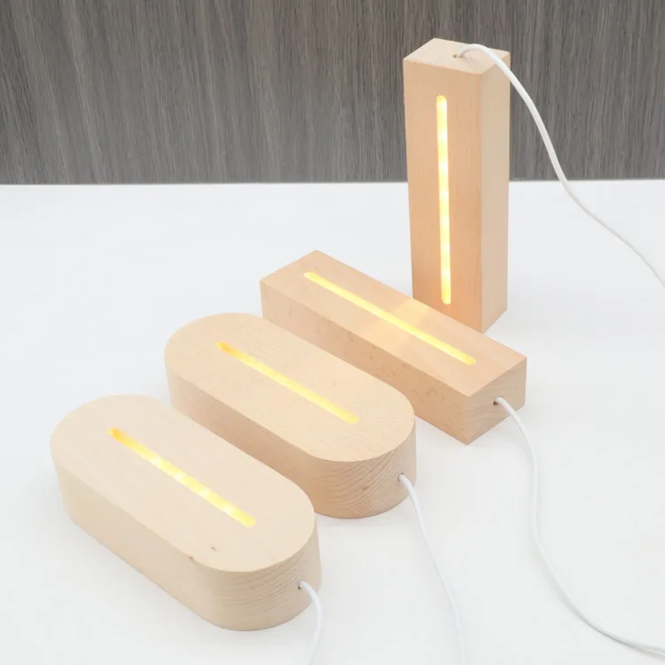 5V USB Powered Wooden Base Lamp Led 3D Night Light Round Oval Wood Base For Acrylic