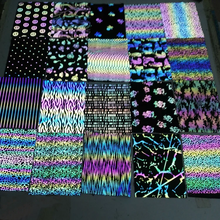 High Visible Black rainbow Iridescent Swirl Pattern Printing Spandex Reflective Fabric Cloth for Outdoor Hi Vis Fashion Clothing
