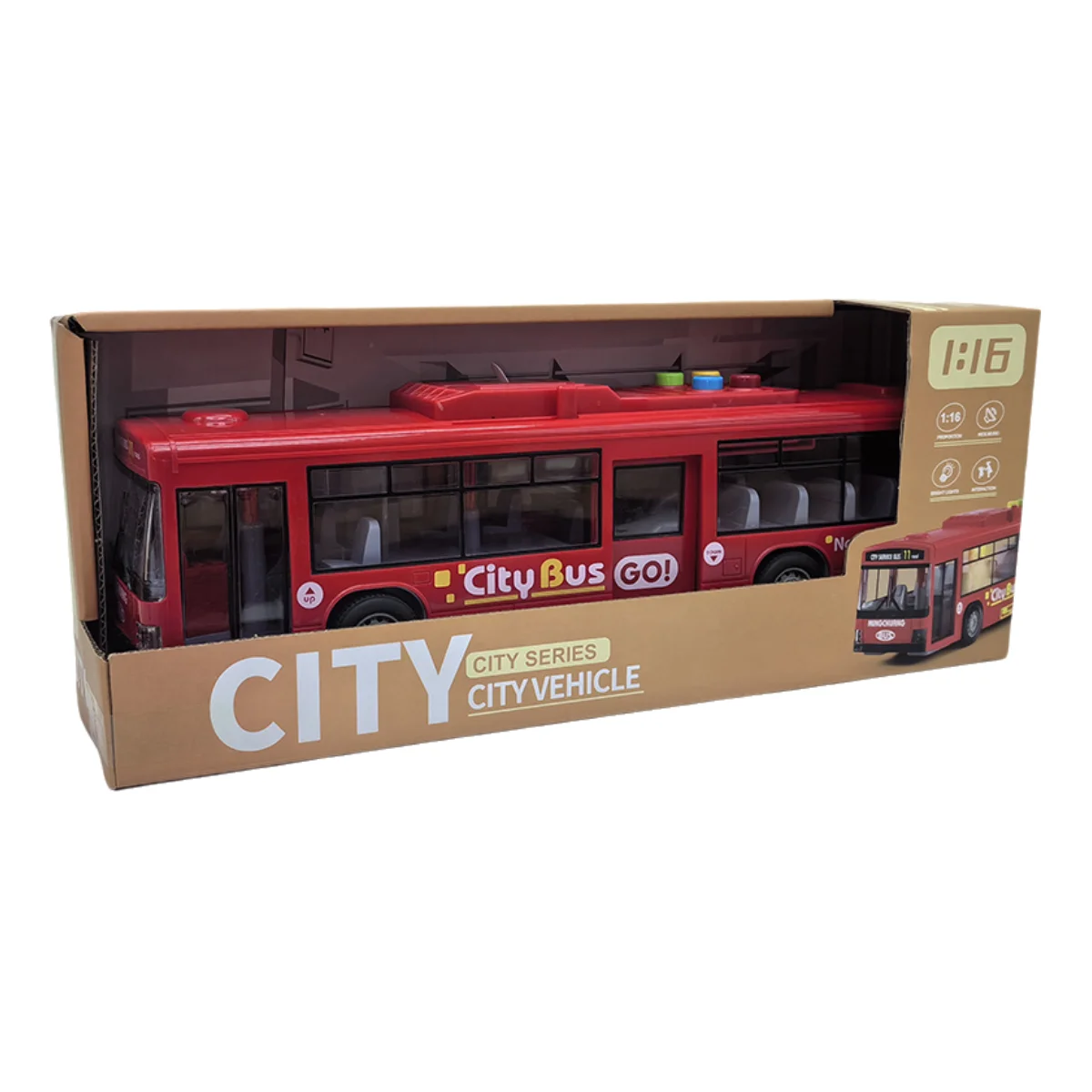 1:16 City Bus Model solid color inertia openable bus with lights & music,battery included model car for Toddler Fun for Kids 3+