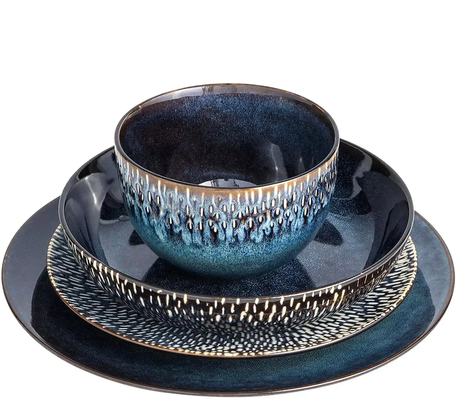 Wholesale 4pc Ceramic Stoneware Tabletop Dinnerware Set Popular Blue Color Hand-Painted Reactive Glaze Engraving Beautiful