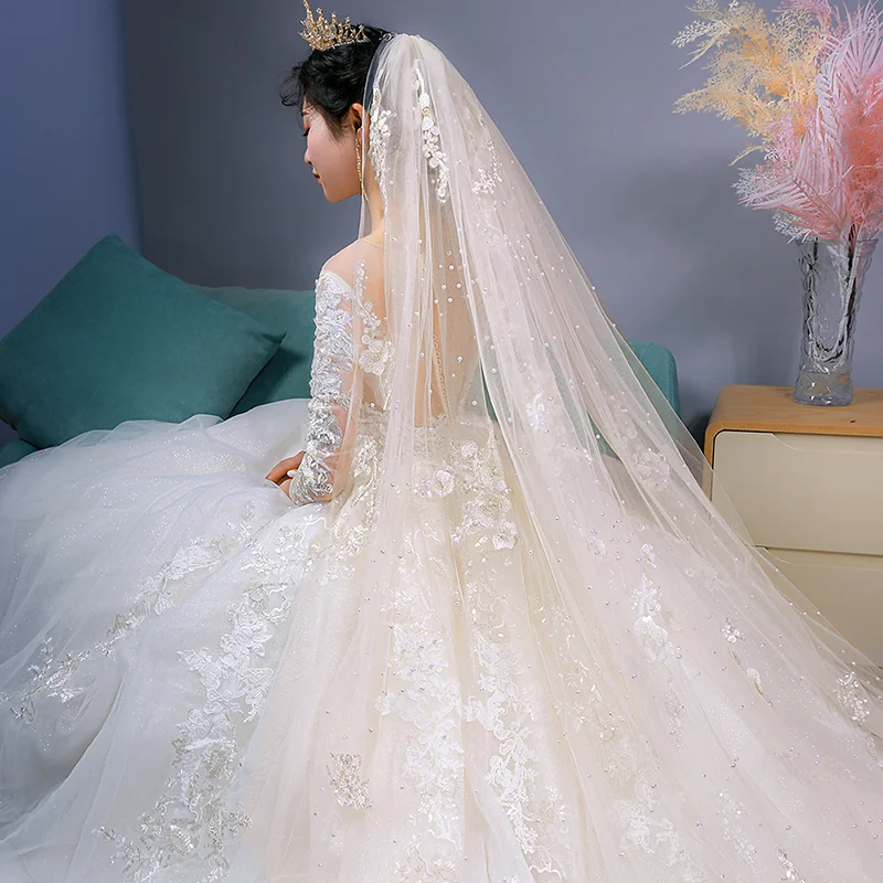 Feishiluo Luxury  Bead Diamond Bridal Veils One layer Long Cathedral  full flower lace wedding  veil with comb 350 cm long
