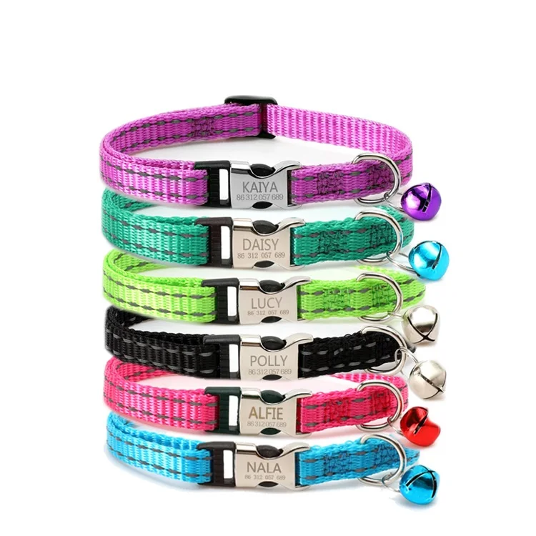 Cat Collar Bell Engraved Name Night Reflective Nylon Cat Rope Anti-lost Pet Outdoor Walking Accessories Supplies
