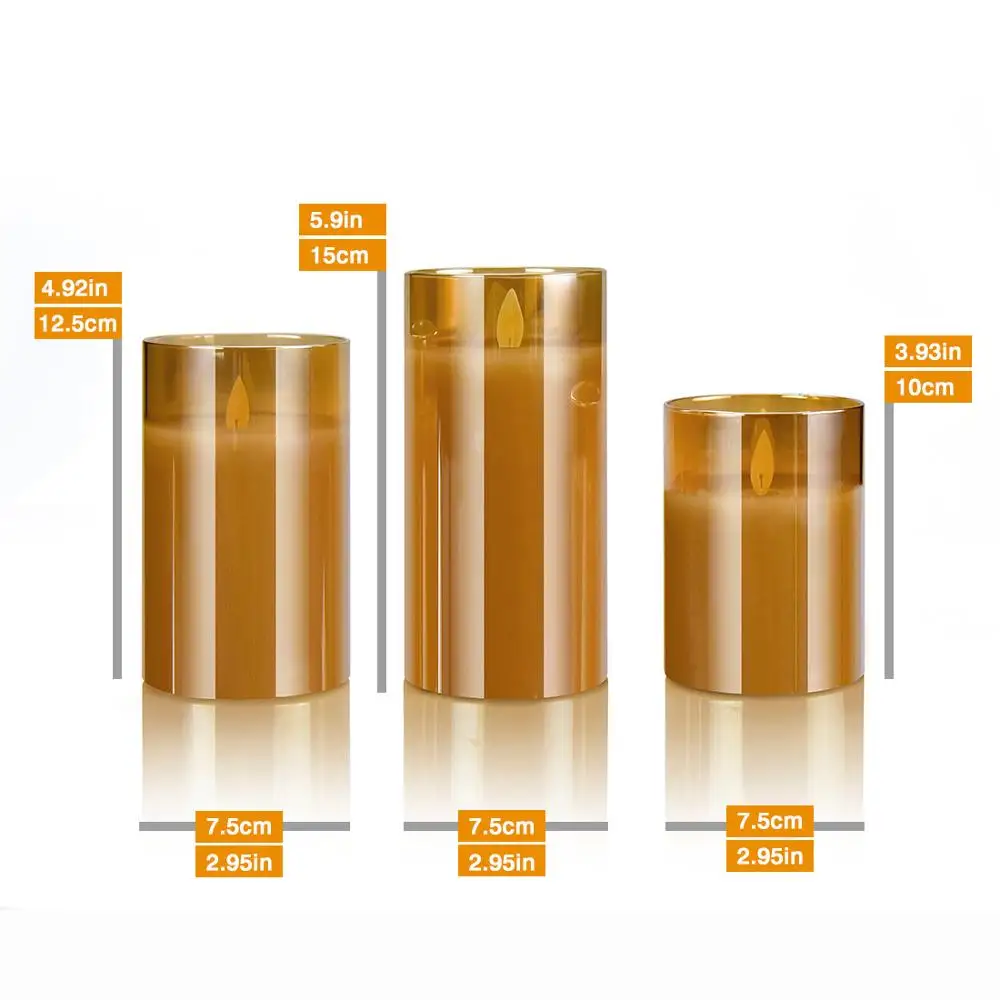 Tawny plated glass electronic candle 3 pcs set simulation shake flame led remote control candle
