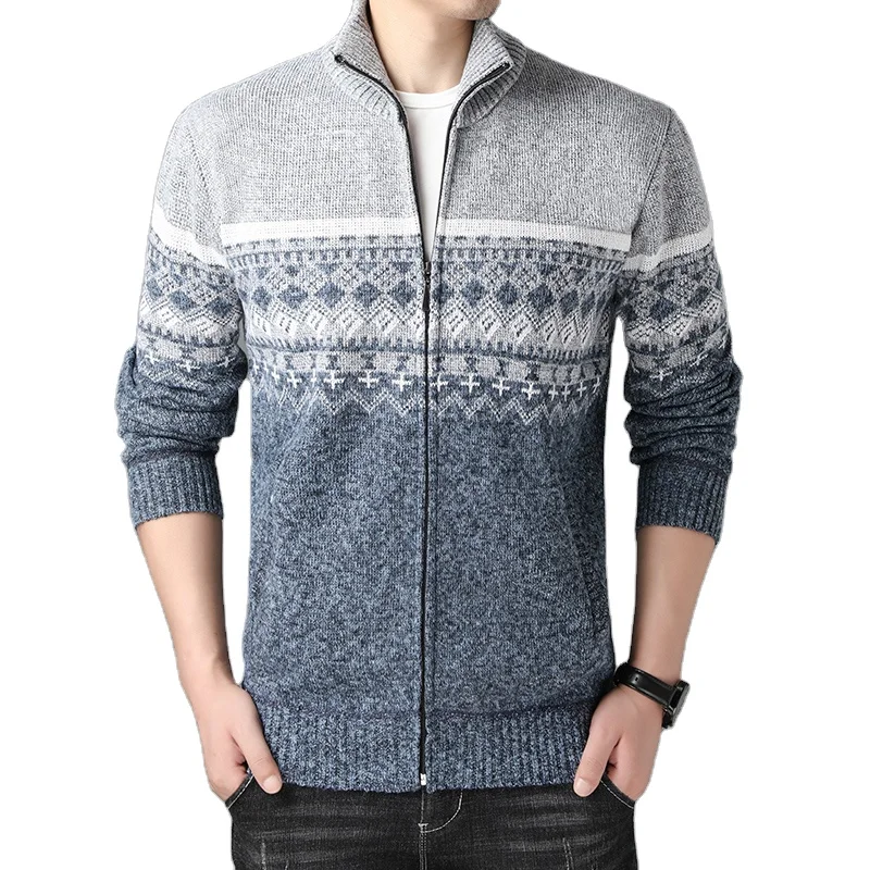 Оптовая продажа, Новое поступление, модный мужской свитер с круглым вырезом, на молнии, вязаный флис внутри, вязаный мужской свитер, пальто