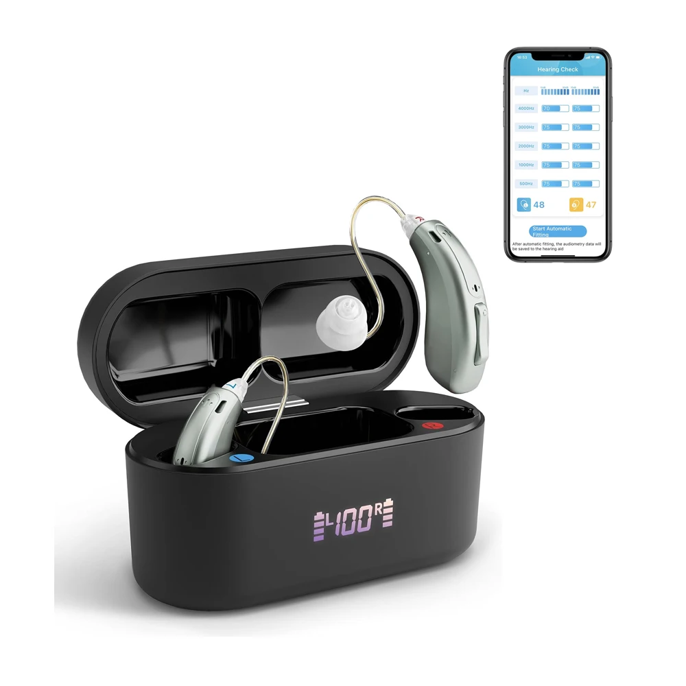 Blue tooth Hearing Aids for Seniors Rechargeable with Noise Cancelling Phone Control RIC Dual Microphone App Hearing Test