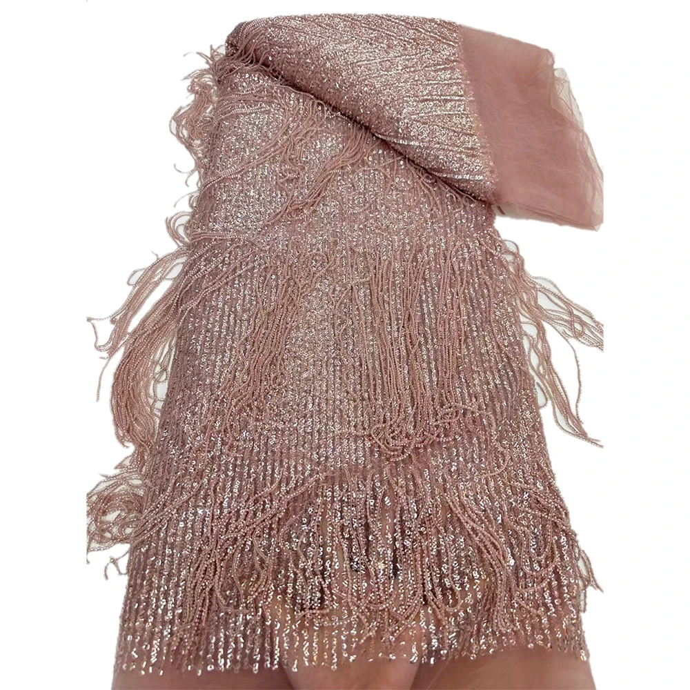 NI.AI Elegant Sequin Lace Tassel Fabric Luxurious Sequin Tassel Lace Sequin Net Beaded Lace Fabric
