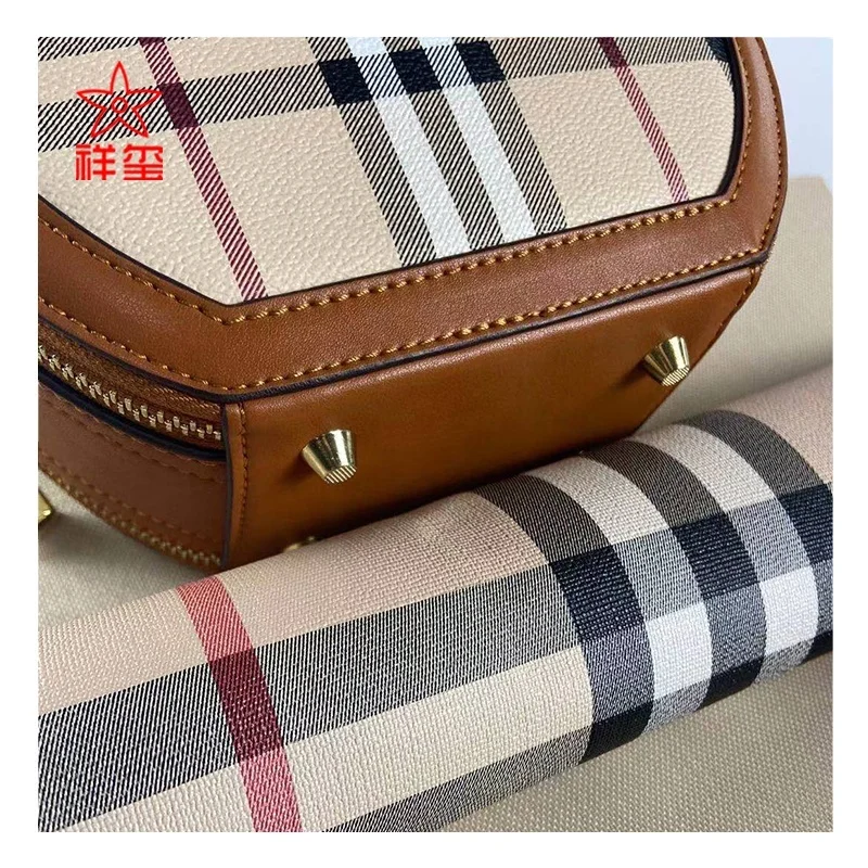 Print Leather Check Design PVC Synthetic Leather Woven Backing for Bag and Cosmetic Case