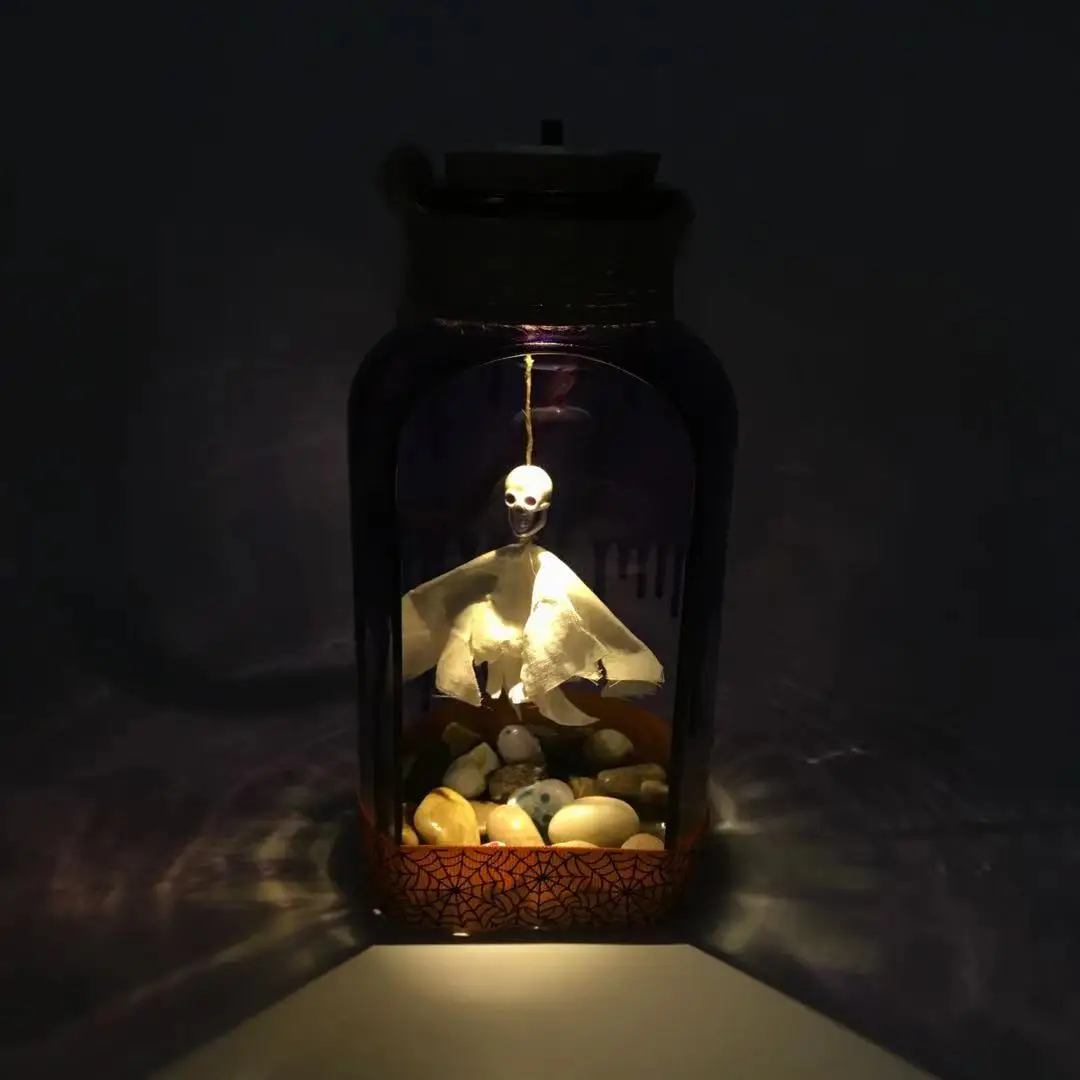 Customized processing Halloween decorative props LED glowing glass jar spider bat hanging ghost skeleton