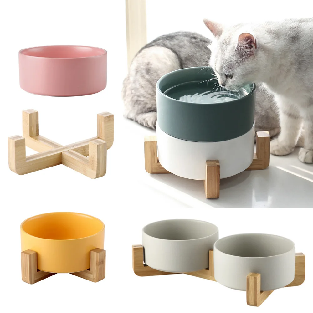 Керамическая миска для кошек, двойная миска для защиты шейного позвоночника, деревянная рама (62074133072)