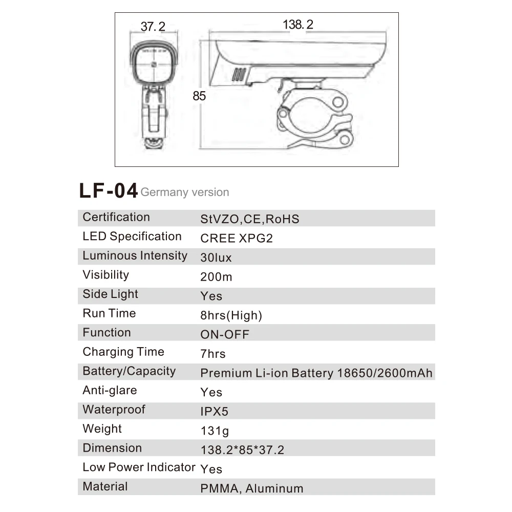Sate-Lite LF-04 30 Lux StVZO Cycle Headlamp bicycle light cycling headlight