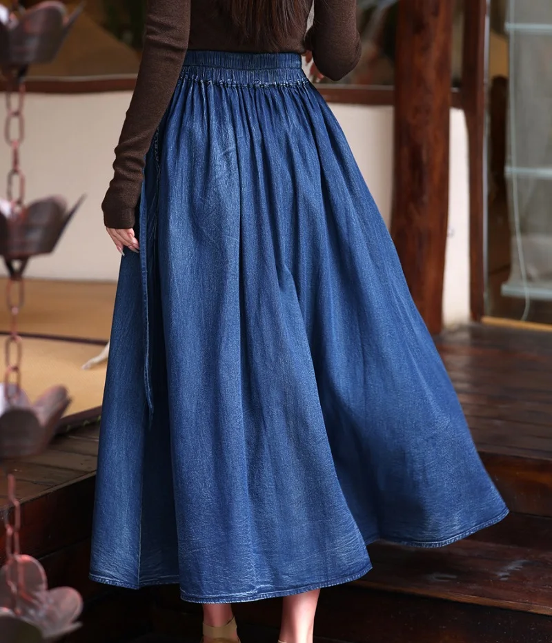 Custom Pleated Skirt Retro Embroidered Skirt Versatile Floral-Embroidered Washed Denim Jeans Women Casual Vintage Style Summer