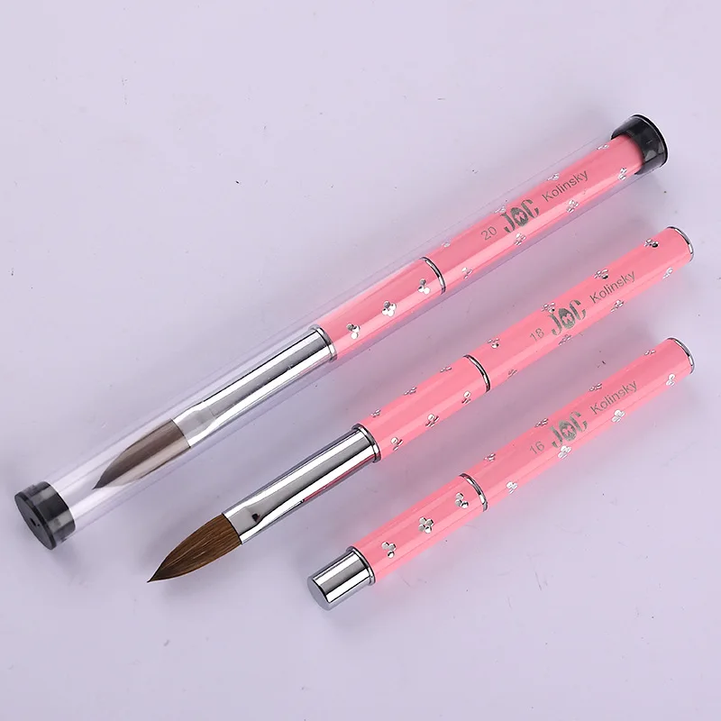 High Quality Pink Diamond Metal Rod Pure Sable Hair Nail Tool Pen Kolinsky Acrylic Brush Brushes Set 6 8 10 12 14 16 18 20