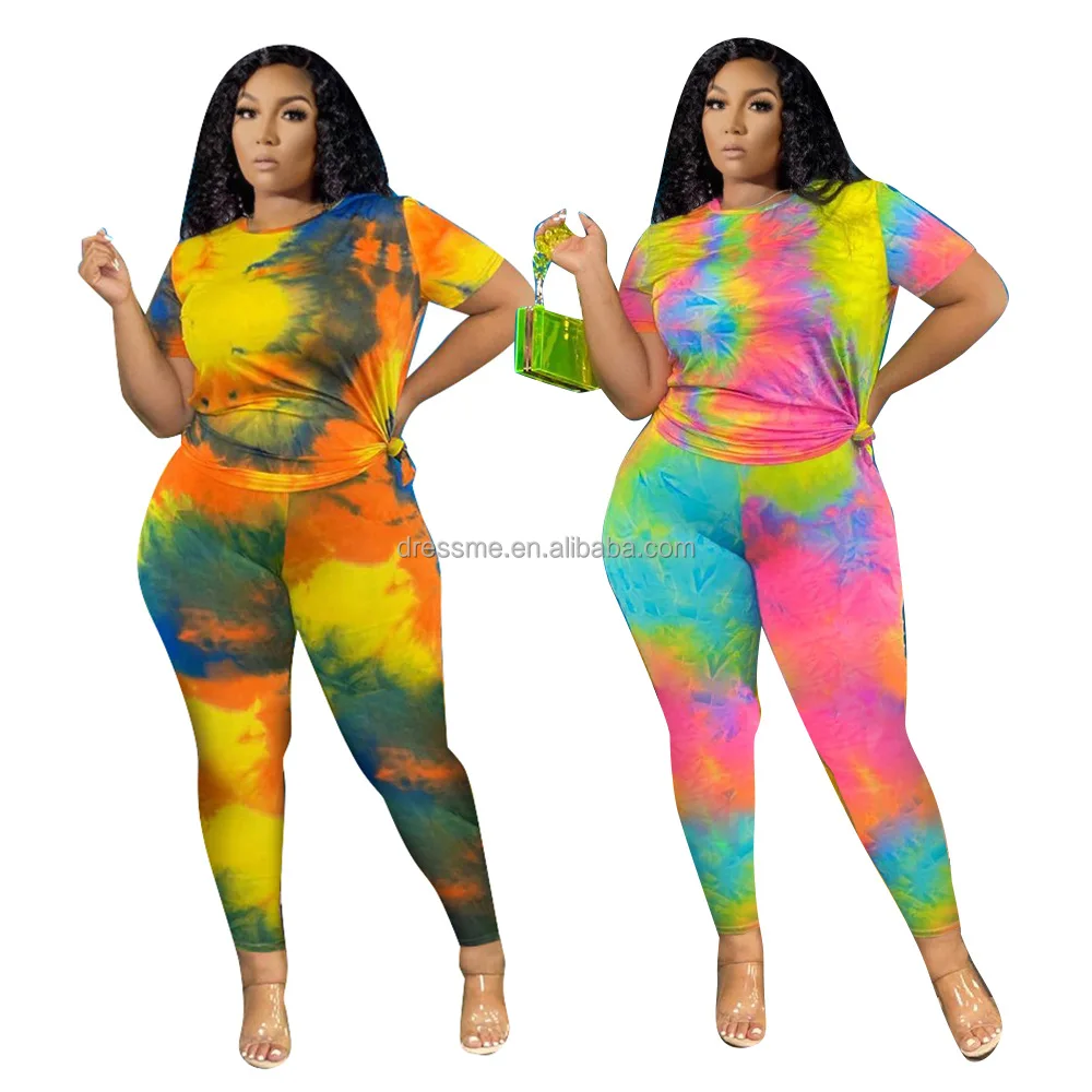MT154-9159  Women Two Pieces Sets Tie Dye Short sleeve Shirts and Long Pants Plus Size 2 Pieces Sets for Woman Fall Clothing