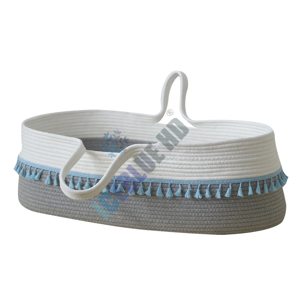 ICEBLUE HD Low MOQ Fast Delivery Customized Natural Cotton Woven Rope White Moses Basket and Wooden Stand