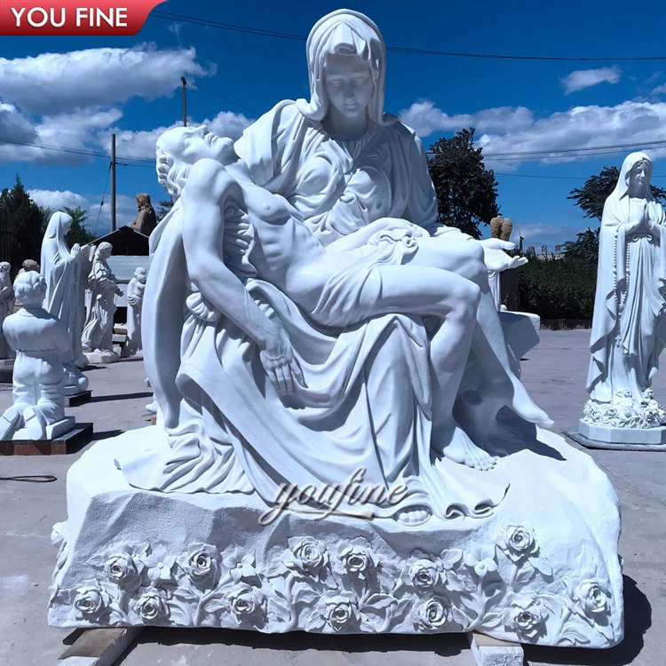 Church Religious Natural Stone Hand Carved Virgin Mary and Jesus Sculpture White Marble Pieta Statue
