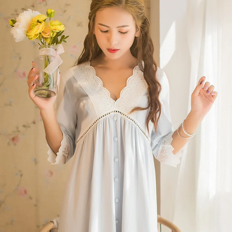 Wholesale Women Spring and Autumn Short Sleeve Casual Sweet Pajamas Vintage Lace Victorian Style Cotton Nightgown