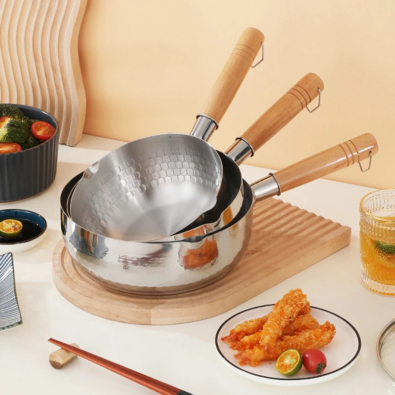 430 Stainless Steel Traditional Japanese Pot Saucepan Wooden Handle Milk Pan For Heating And Melting Nonstick Pan