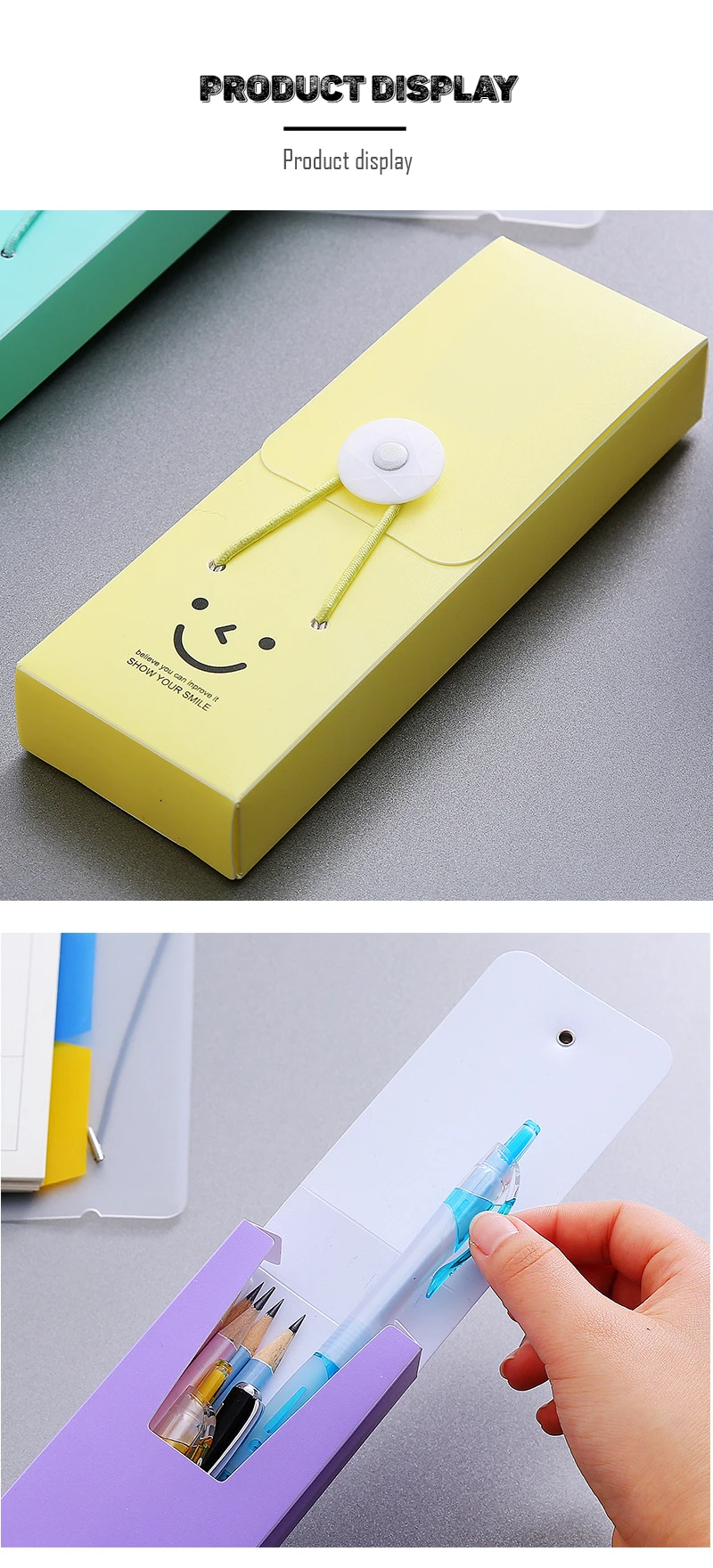 Cute cartoon creative smiley face pencil case children students telescopic buckle plastic pen case multi-color large pencil case