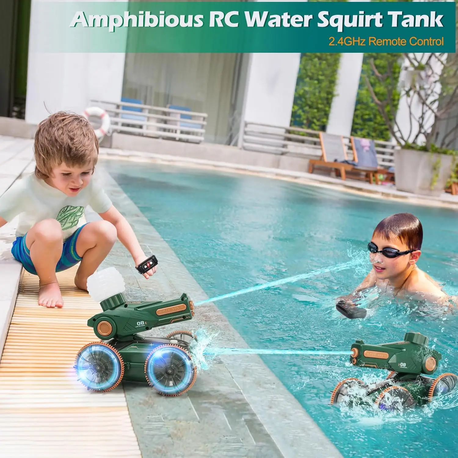 2024 Innovative Trends 2.4ghz 4wd Dual Control 3in1amphibious Remote Control Car Tank Toy Water Squirt Rc Stunt Car With Lights