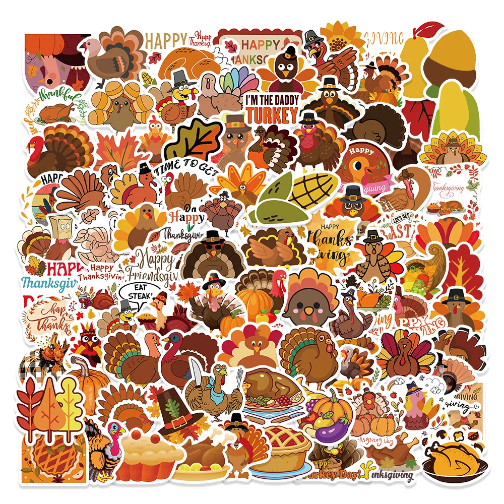 100pcs Thanksgiving Turkey Pumpkin Cartoon Sticker Diy Laptop Luggage Skateboard Decoration Graffiti Waterproof Gift Stickers