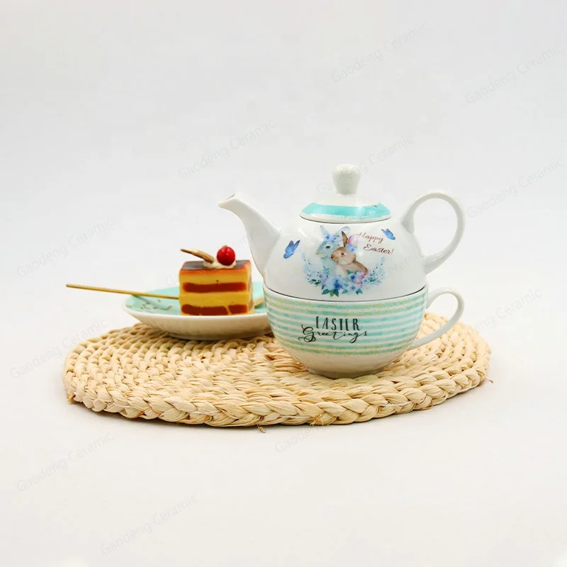 Factory Wholesale White Porcelain Tea Cup 360ml Customizable Ceramic Teapot with Easter and Rabbit Pattern