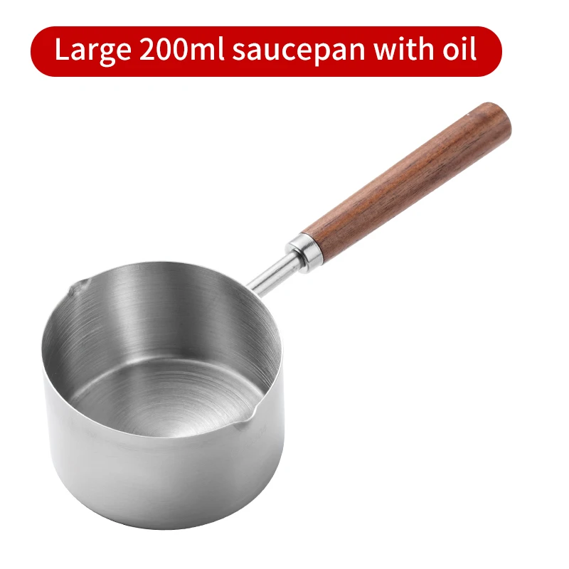 Stainless Steel Oil Pot with Wooden Handle 120ml/200ml Spilled Mini Soup Milk Pot Scalding-proof Kitchen Tool Cook Accessories