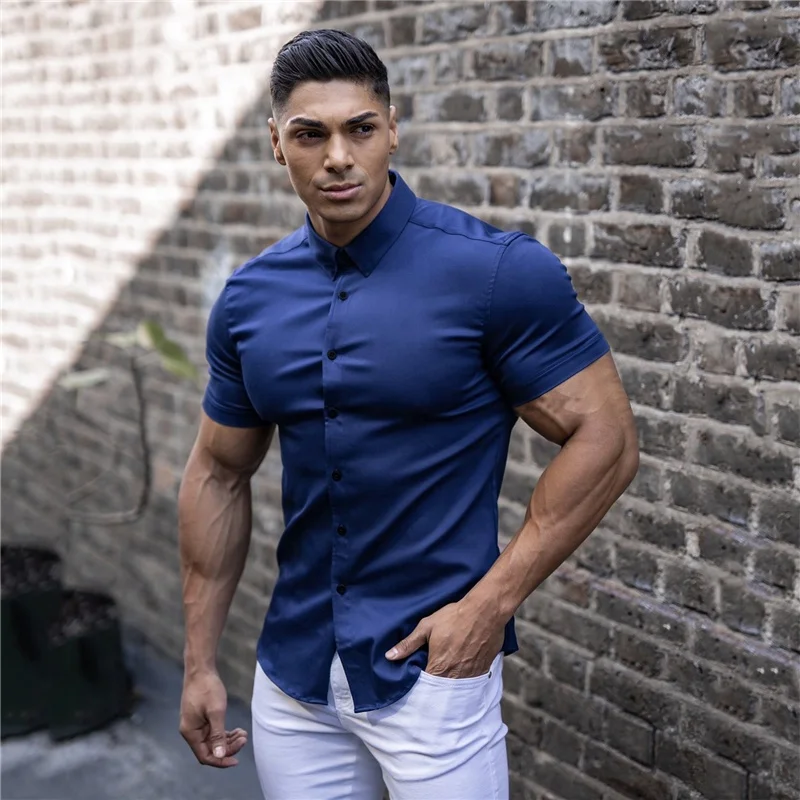 Mens Muscle Fit Button Down Dress Shirts Printed Stretch Slim Wrinkle Free Athletic Wear No Iron Office Attire Tuxedo Shirt