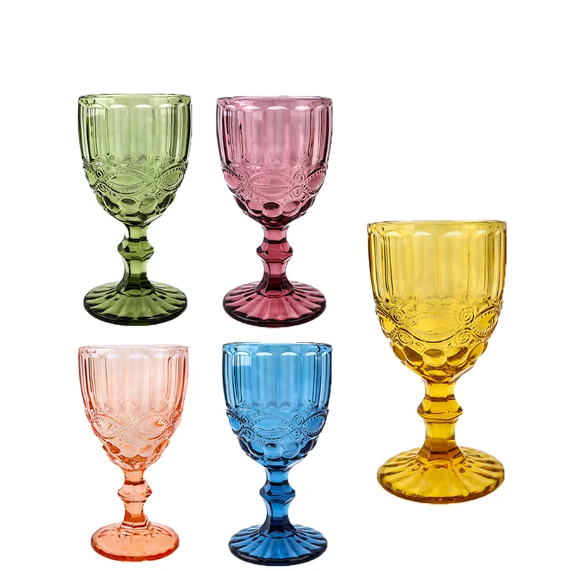Vintage Colored Drinking European Style Pink Blue Color Wine Glass Cup Wedding Champagne Embossed Transparent Goblet Glass Cups