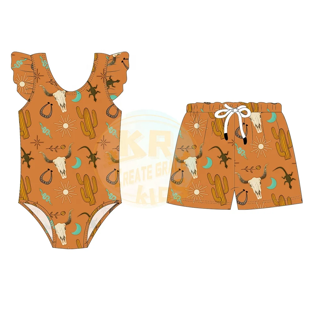 Factory Wholesale Baby Girls Vacation Butterfly Sleeve Backless Beach Wear+ boys  swim trunks Two piece swimwear for kids