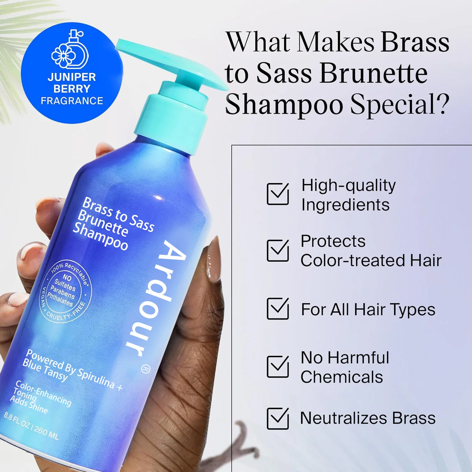 Brass to Sass Brunette Shampoo, Toning Blue Shampoo Brunettes Neutralizes Brassy Red and Orange Tones for Color Treated Hair