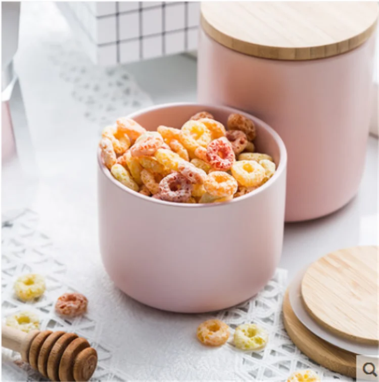 Bulk Matte pink Seal Porcelain Candy Cookie Storage Jar With Bamboo