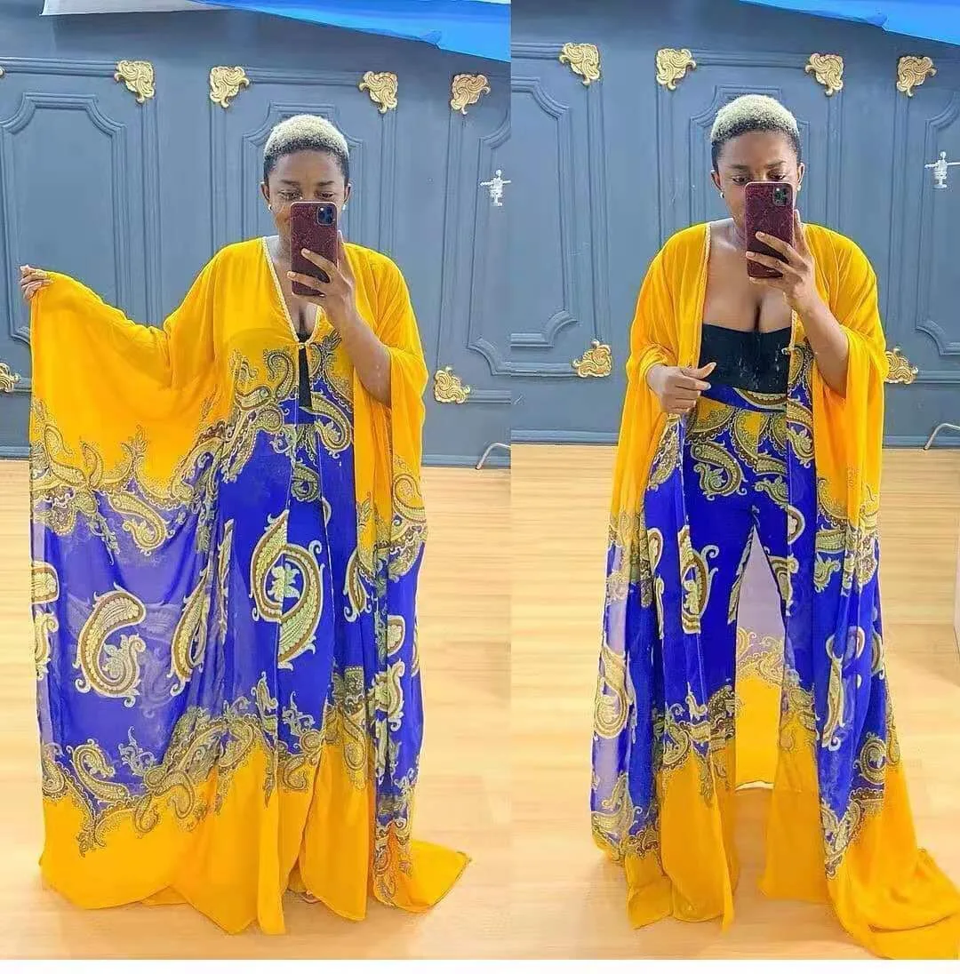2021 Muslim Arab Casual Two Pieces Set Printing Batwing Sleeve African Women Abaya Kaftan Style Robe Long Dress Muslim Islamic