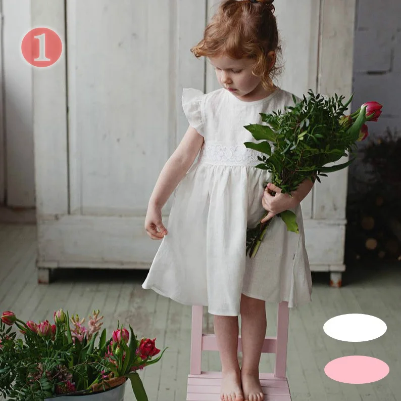  P107063 NEW LINEN COTTON BABY DRESSES kids long white flutter sleeve lace skirt girl fashionable solid linen