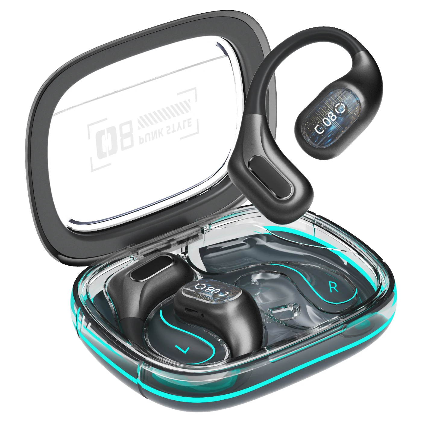 C08 OWS Ear-Hook Sports Earbuds Transparent Design Colorful Breathing Light Effect Wireless Earphones with HIFI Sound Quality