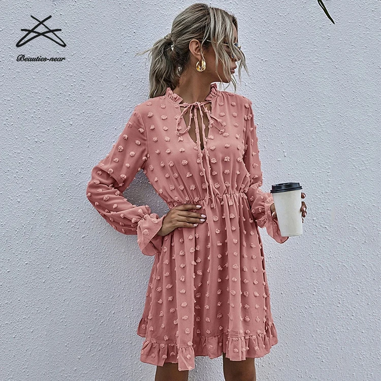 2021 Spring Polka Dot Dresses Womens Elegant Stylish Elegant Ruffles Women Dress Long Sleeve Ladies Chiffon Dress