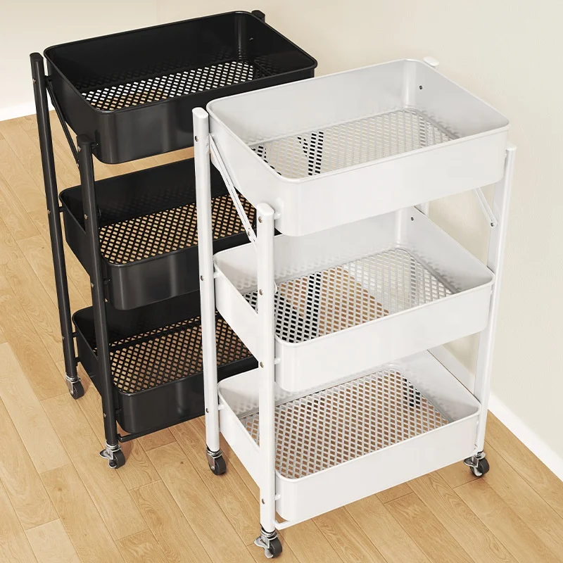 3 Tier Rolling Utility Kitchen Portable Folding Cart Shelves Multifunction Tool Trolley Service Cart With Mesh Basket Handles