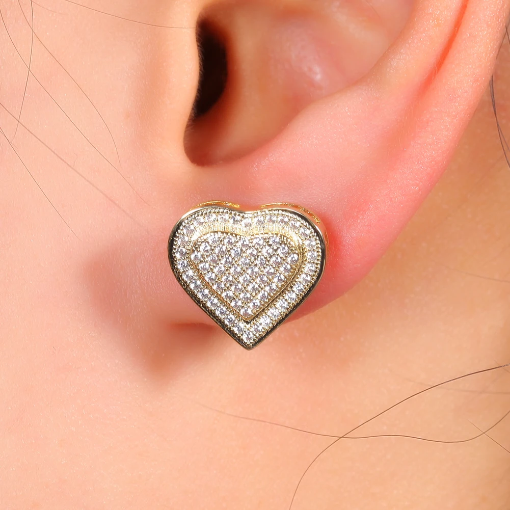 Hip hop 925 sterling silver earrings full cz paved heart shape silver stud earrings luxury jewellery for men