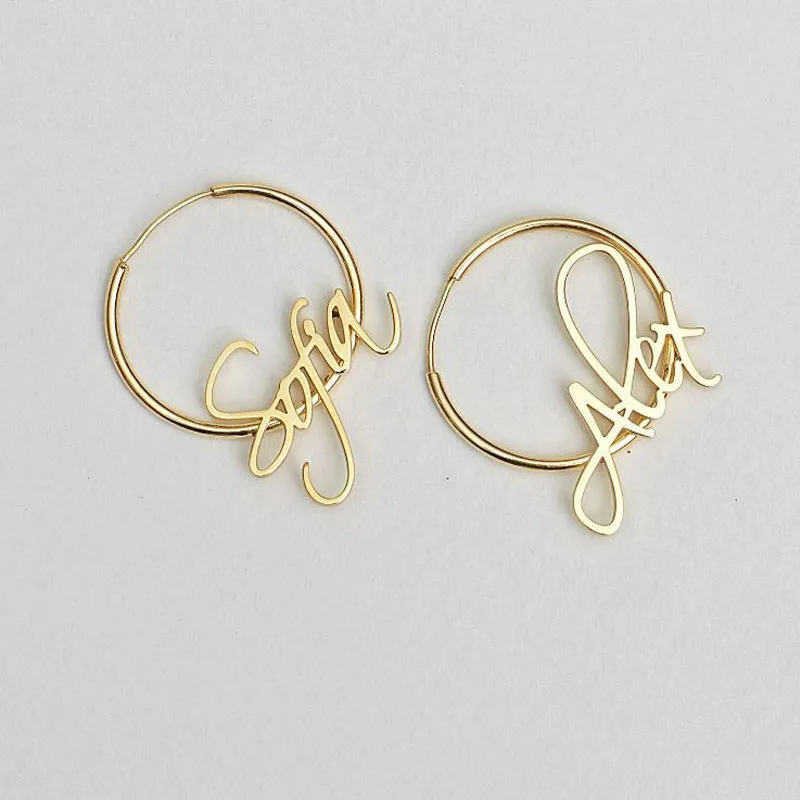 18k Stainless Steel Custom Name Hoop Earring Plate Silver Large Gold Plated Korean Style Earrings Women Bulk Hoops Custom Word
