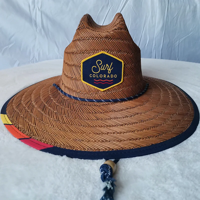 Outdoor Beach Straw Lifeguard Sun Hat with Adjustable Chin Cord