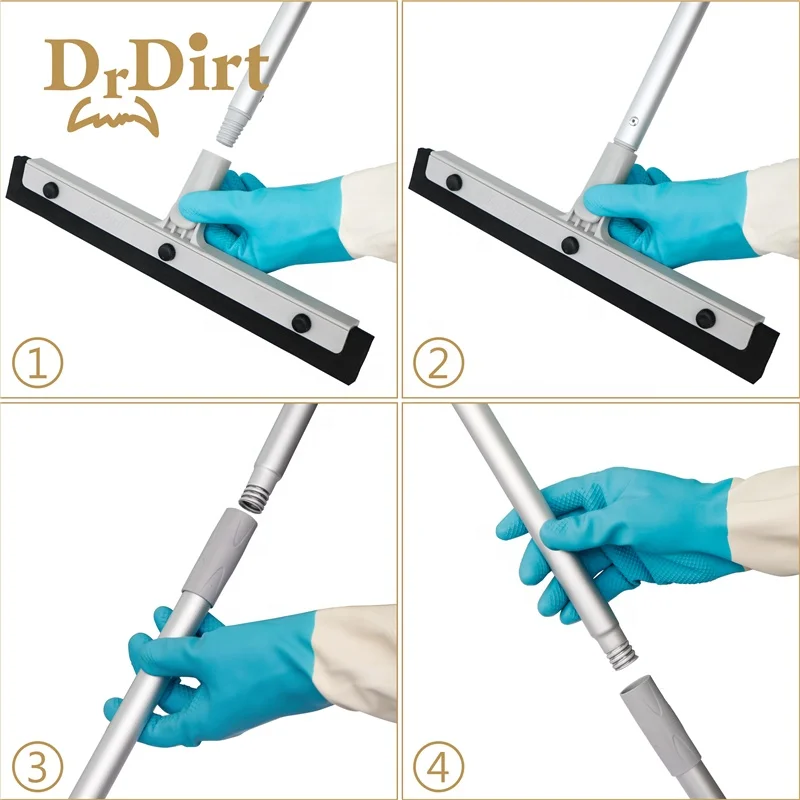 Top seller soft black double rubber water adjustable swivel floor squeegee wiper with extension pole for bathroom