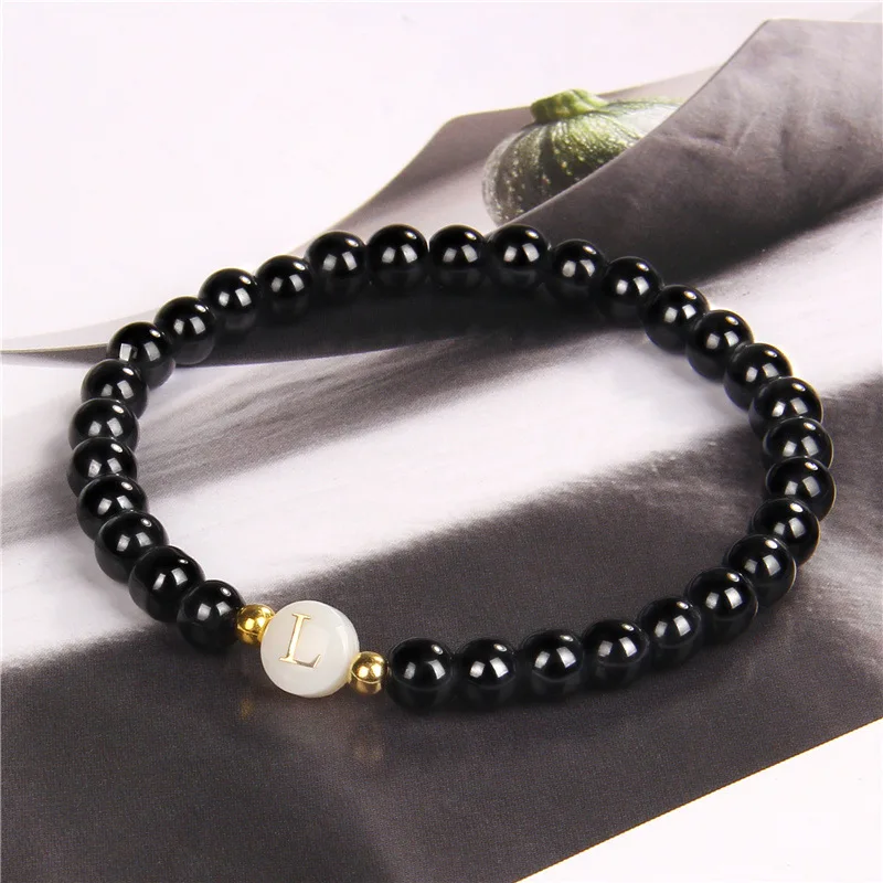 Hot Selling 6mm Beads Creative Shell Black Bracelet Jewelry Simple Personality All-match 26 Letter Name DIY Bracelet For Gifts
